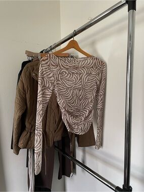 Free People Sheer Taupe Print Long Sleeve Ruched Top